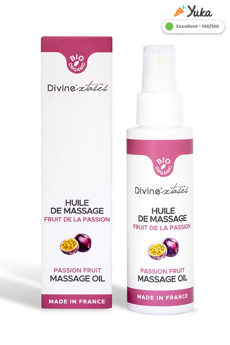 Flacon pompe 100 ml huile de massage gourmande BIO fruit de la passion Divine Xtases certifiée Bio Organic