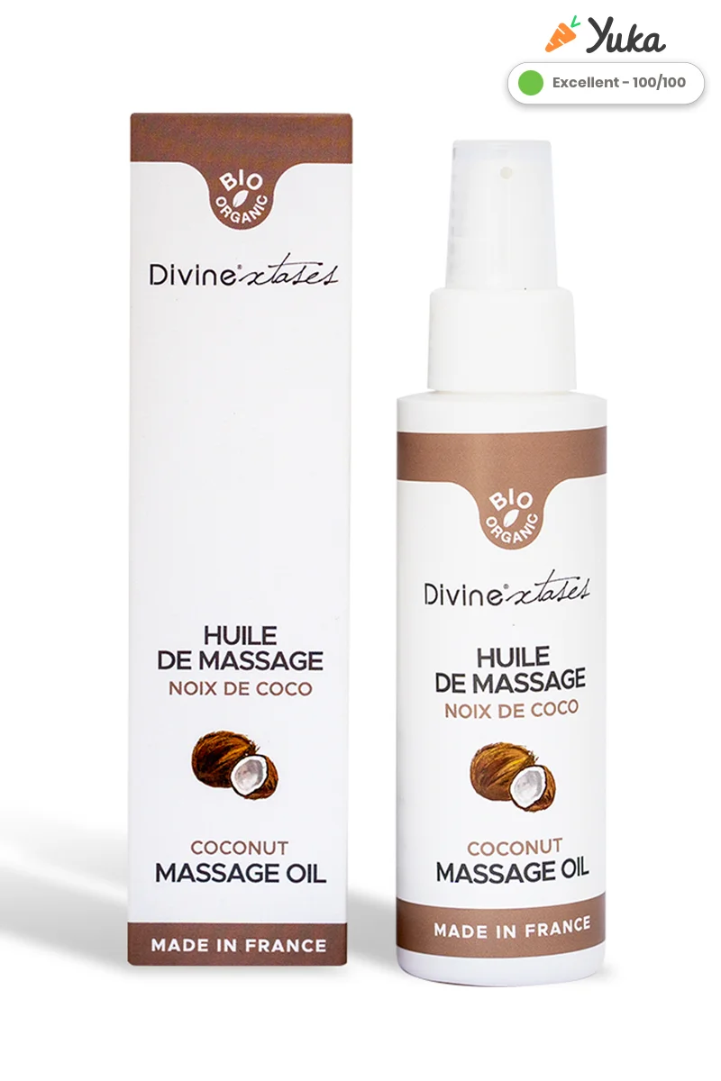 Flacon pompe 100 ml huile de massage gourmande BIO noix de coco Divine Xtases certifiée Bio Organic