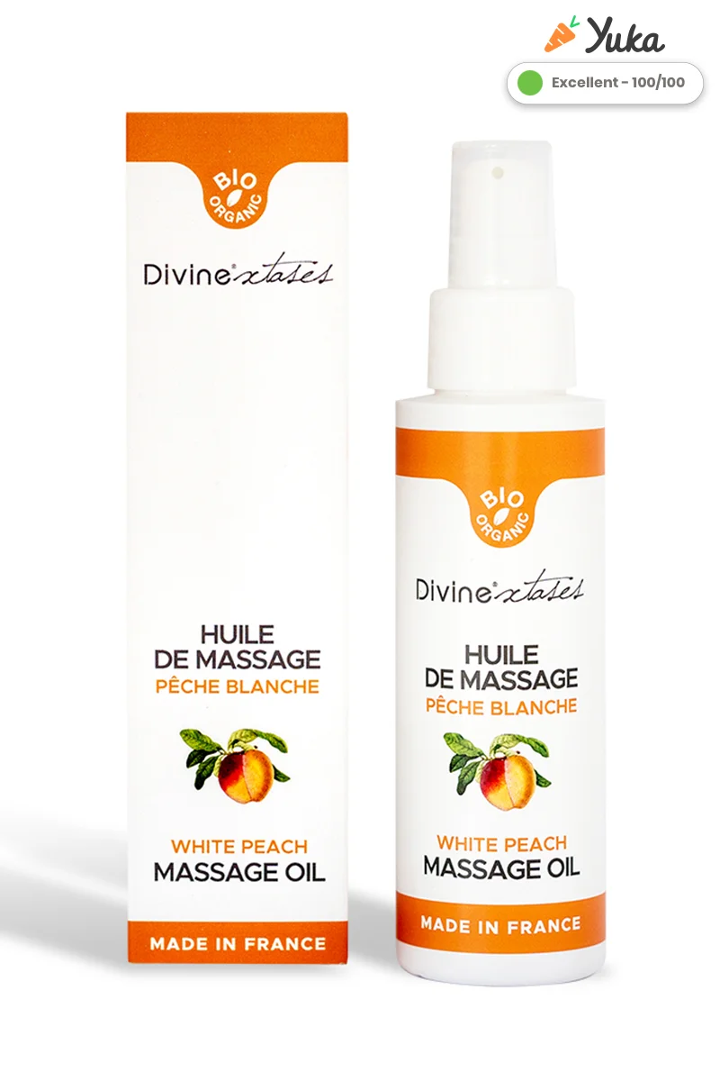 Flacon pompe 100 ml huile de massage gourmande BIO pêche blanche Divine Xtases certifiée Bio Organic