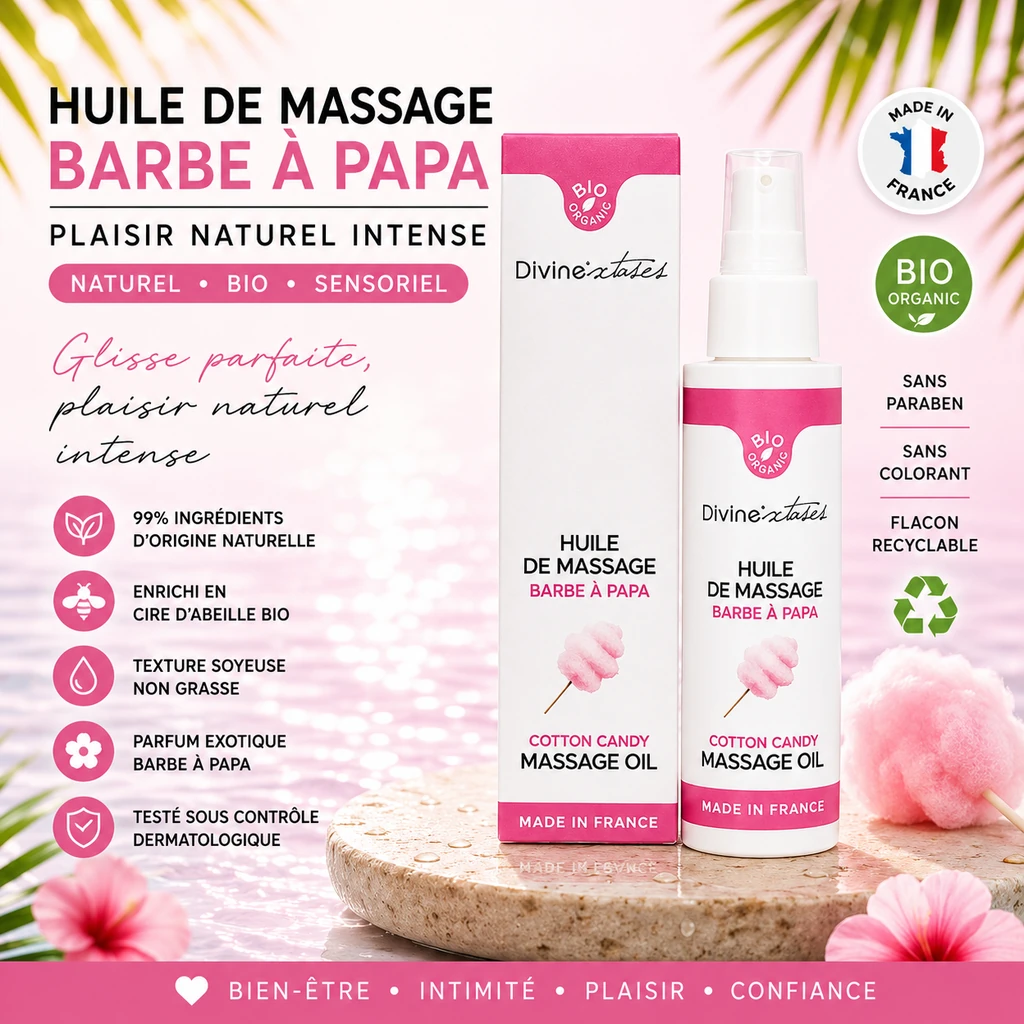 Huile de massage Barbe à Papa BIO 100ml Divine Xtases comestible hydratante à la cire d'abeille fabriquée en France