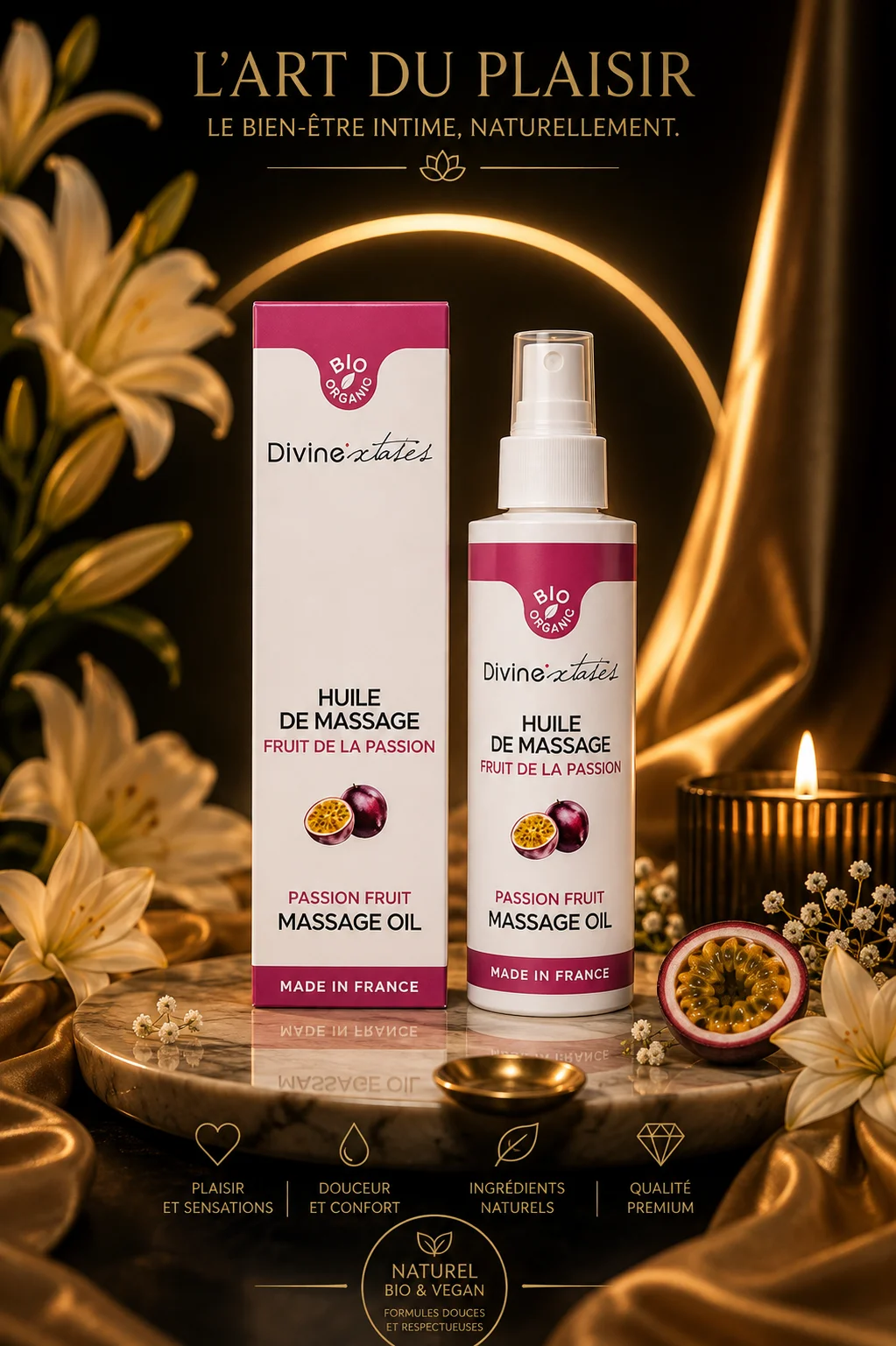 Huile de massage Fruit de la Passion BIO 100ml Divine Xtases comestible hydratante fabriquée en France