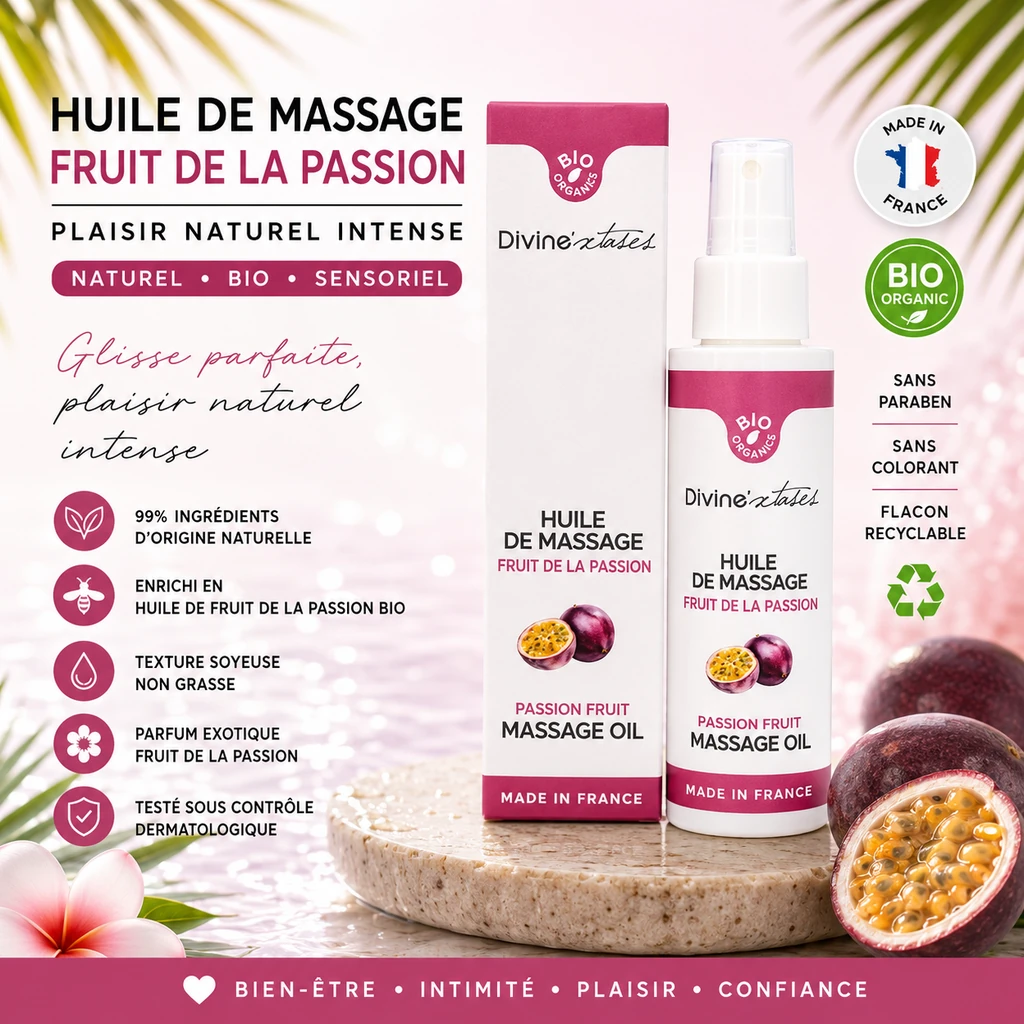 Huile de massage Fruit de la Passion BIO 100ml Divine Xtases comestible hydratante à l'huile de fruit de la passion fabriquée en France