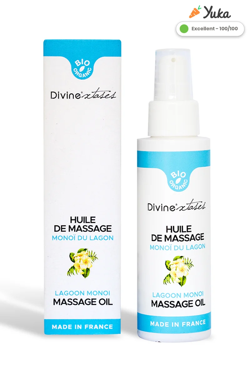 Flacon pompe 100 ml huile de massage gourmande BIO Monoï Divine Xtases labellisée Nature et Progrès