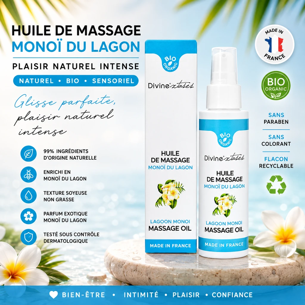 Huile de massage Monoï BIO 100ml Divine Xtases comestible hydratante à l'argan fabriquée en France