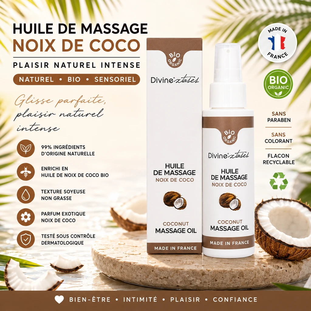 Huile de massage Noix de Coco BIO 100ml Divine Xtases comestible hydratante à la noix de coco fabriquée en France