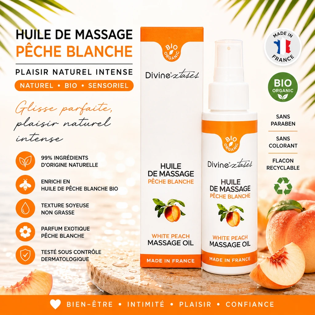 Huile de massage Pêche Blanche BIO 100ml Divine Xtases comestible hydratante à l'huile de pêche blanche fabriquée en France